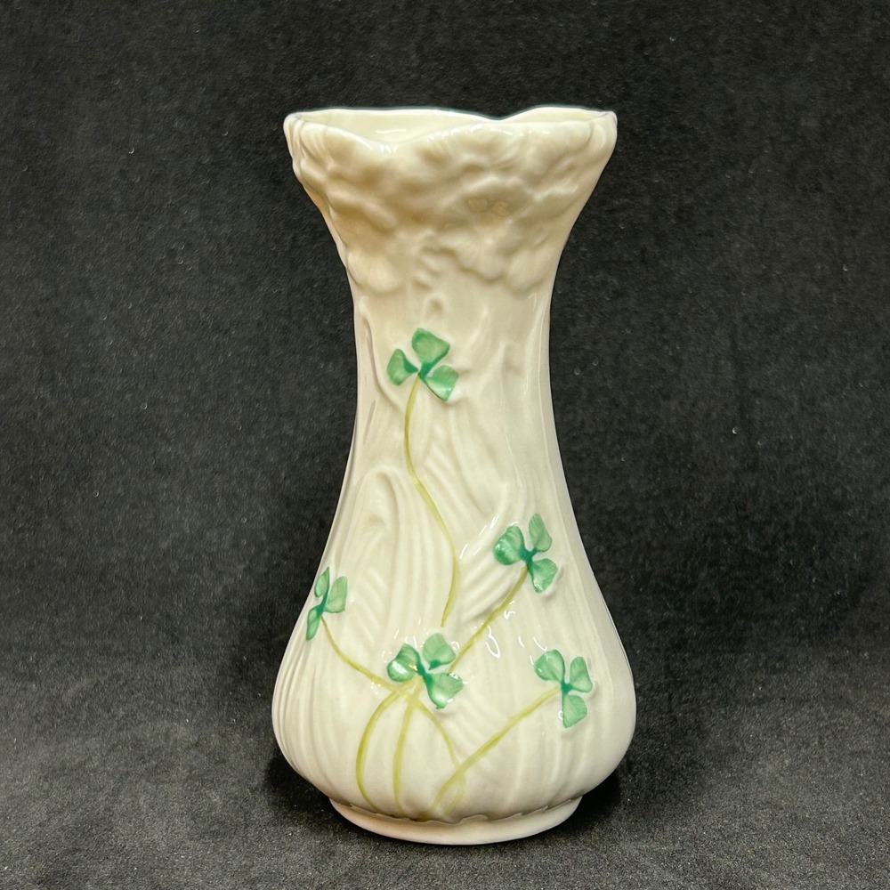 Belleek Ireland Shamrock Bud Vase Basketweave Parian China Green Mark Mini
